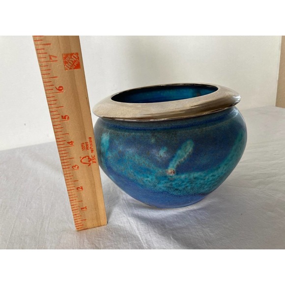 Vintage Handmade Studio Pottery Blue Round Circular Vase Signed Silver Band Rim - Picture 6 of 8